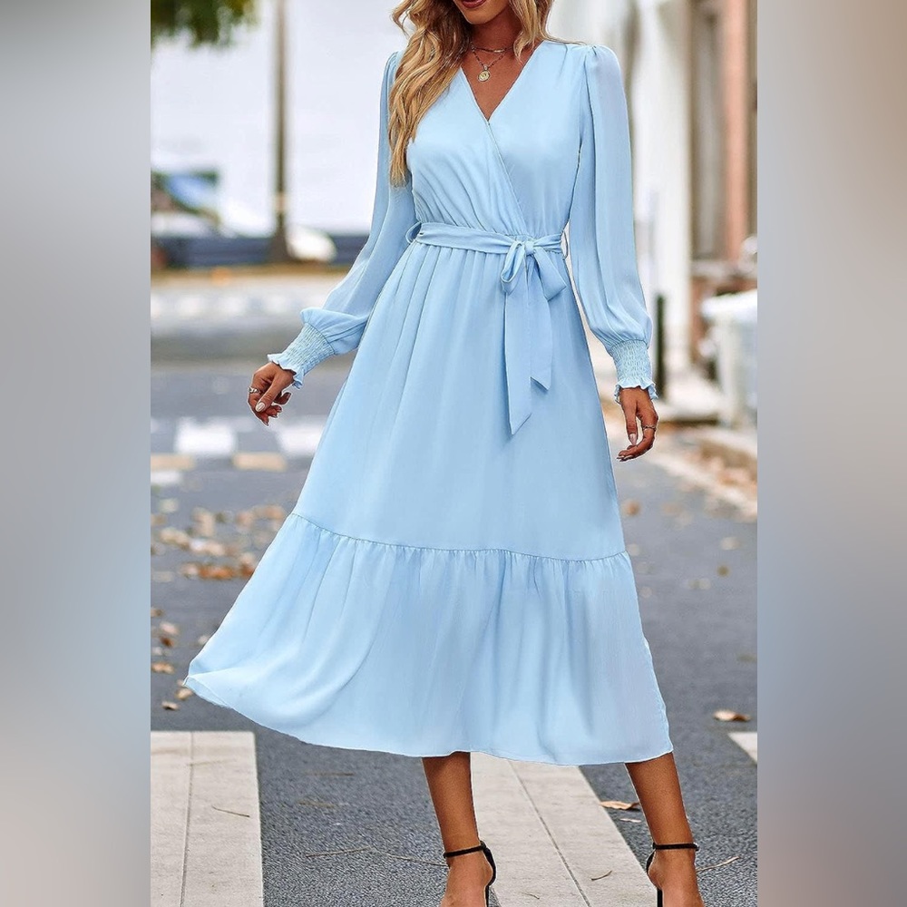 PRETTYGARDEN | Long Sleeve Light Blue Wrap Dress | Size XXL